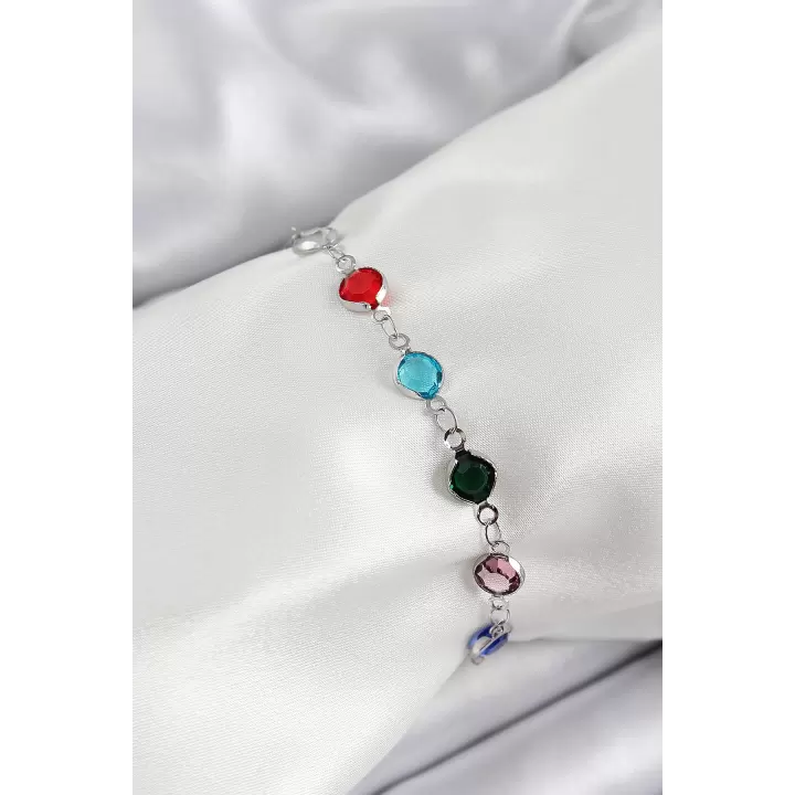 Pirinç Gümüş Renk Karışık Renk Zirkon Taşlı Kadın Bileklik