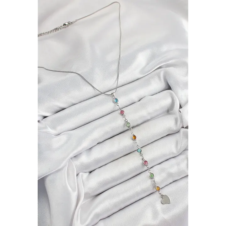 Pirinç Gümüş Renk Karışık Renk Zirkon Taşlı Y Kadın Kolye