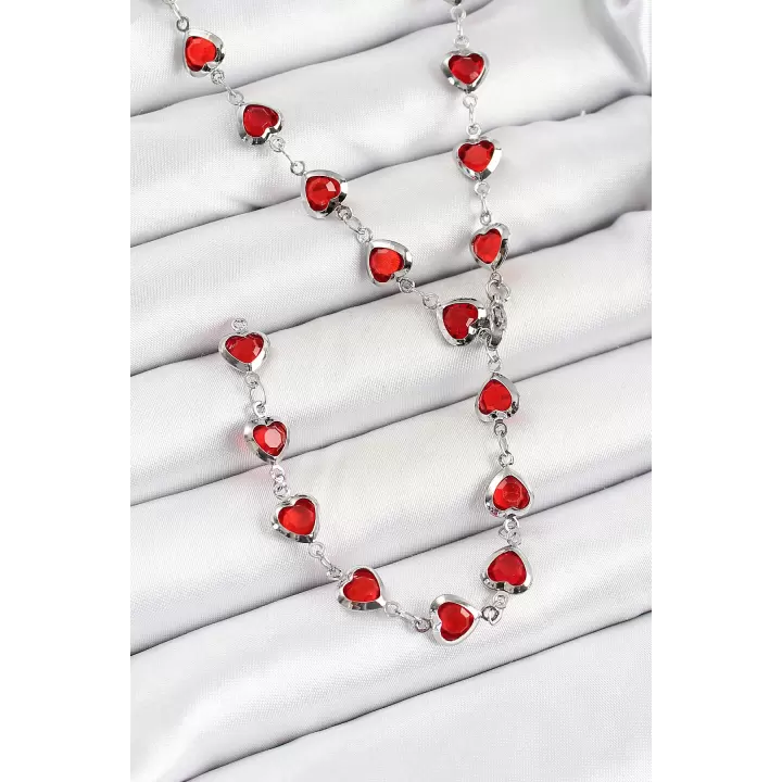 Pirinç Gümüş Renk Kırmızı Zirkon Taşlı Kalpli Y Kadın Kolye