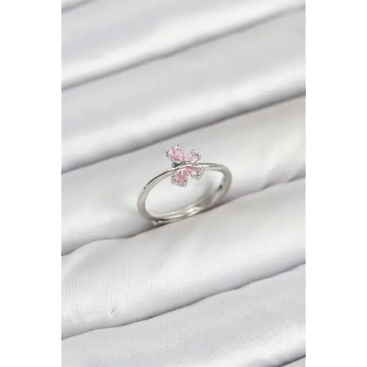 Pirinç Gümüş Renk Pembe Kelebek Kadın Yüzük