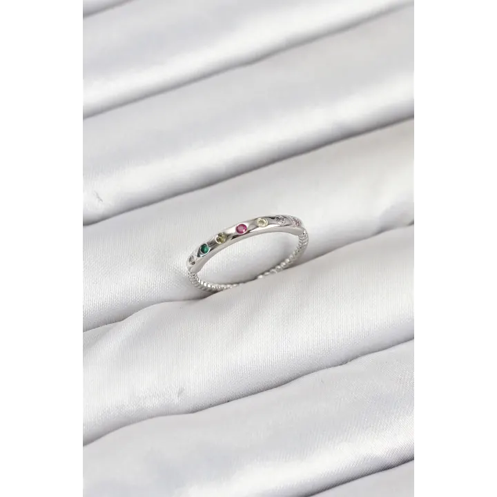 Pirinç Gümüş Renk Renkli Zirkon Taşlı Kadın Yüzük