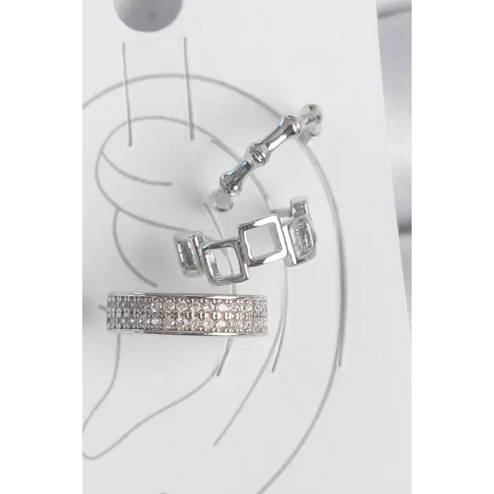 Pirinç Gümüş Renk Zirkon Taşlı 3Lü Model Kare Bambu Model Kadın Kıkırdak Küpe