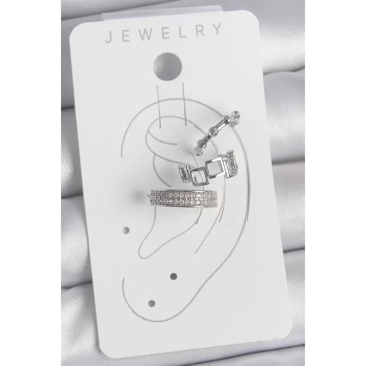 Pirinç Gümüş Renk Zirkon Taşlı 3Lü Model Kare Bambu Model Kadın Kıkırdak Küpe