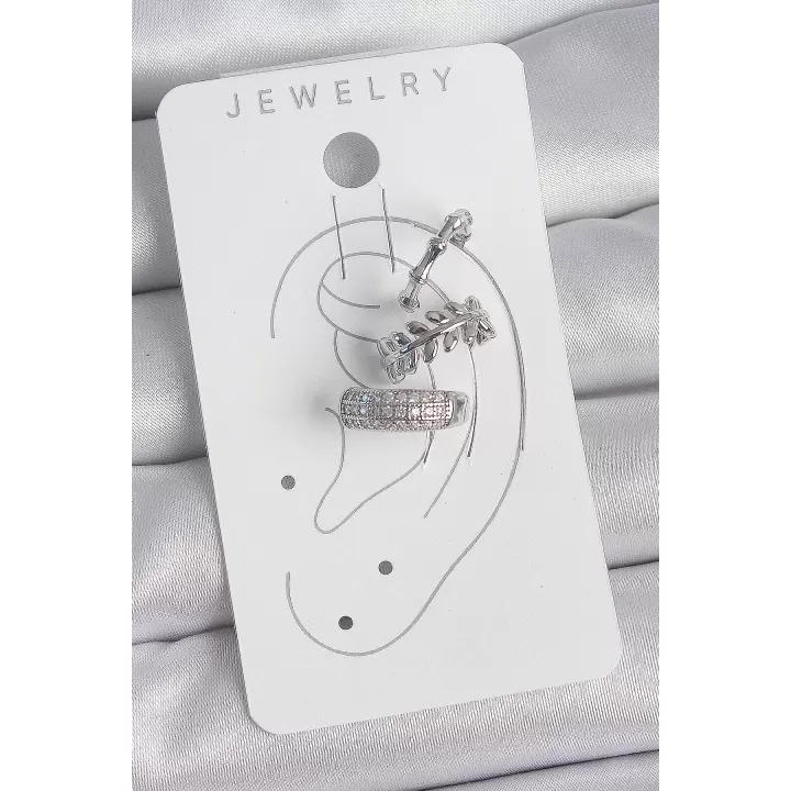 Pirinç Gümüş Renk Zirkon Taşlı 3Lü Model Yaprak Figür Kadın Kıkırdak Küpe