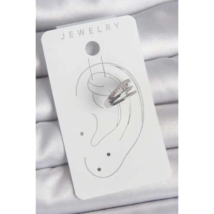 Pirinç Gümüş Renk Zirkon Taşlı 3Lü Sıralı Model Kadın Kıkırdak Küpe