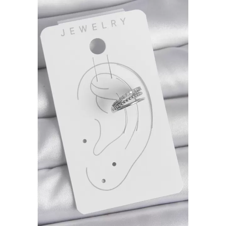 Pirinç Gümüş Renk Zirkon Taşlı 3Lü Sıralı Model Kadın Kıkırdak Küpe