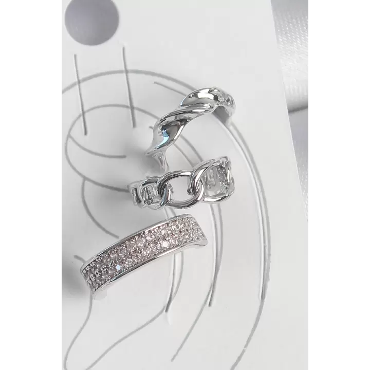 Pirinç Gümüş Renk Zirkon Taşlı 3Lü Zincir Sarmal Model Kadın Kıkırdak Küpe
