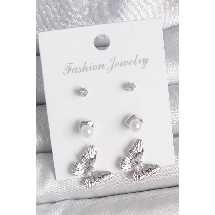 Pirinç Gümüş Renk Zirkon Taşlı İnci Detaylı Kelebek Model 3 Çift Kadın Küpe Seti