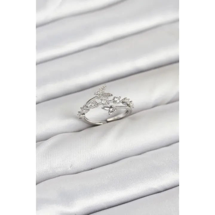 Pirinç Gümüş Renk Zirkon Taşlı Kelebek Model Kadın Yüzük