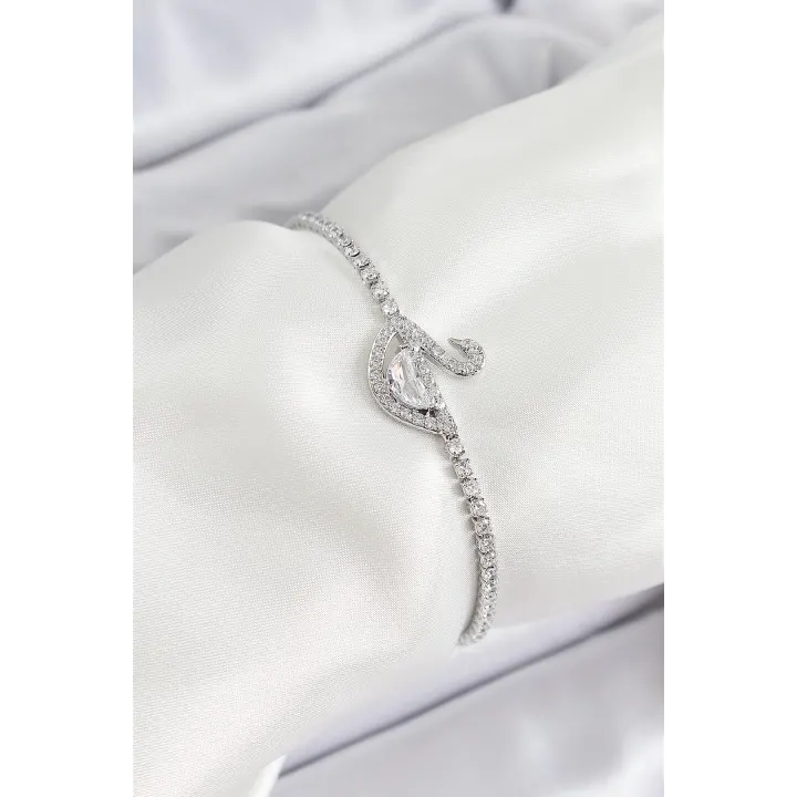 Pirinç Gümüş Renk Zirkon Taşlı Kuğu Model Kadın Bileklik