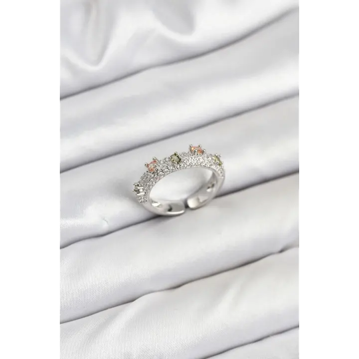 Pirinç Gümüş Renk Zirkon Taşlı Vintage Kadın Yüzük