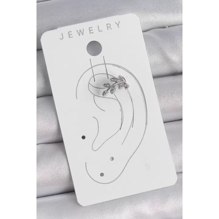 Pirinç Gümüş Renk Zirkon Taşlı Yaprak Model Kıkırdak Kadın Küpe