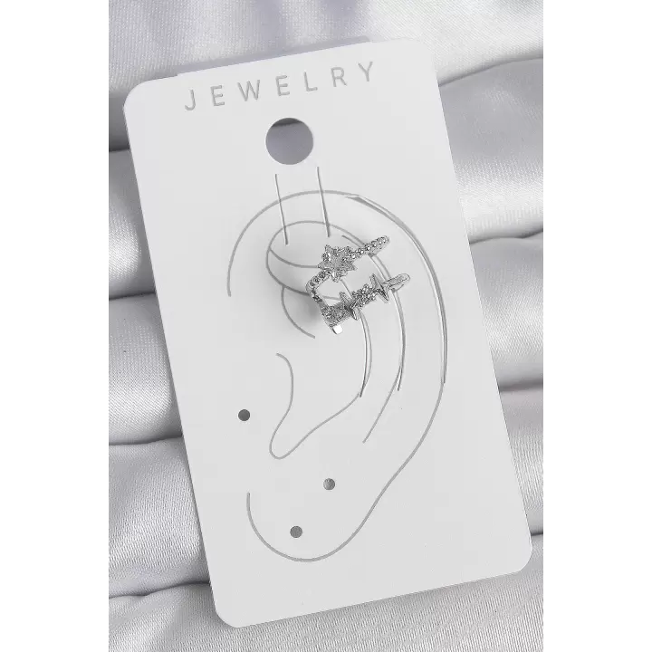 Pirinç Gümüş Renk Zirkon Taşlı Yıldız Model Kadın Kıkırdak Küpe