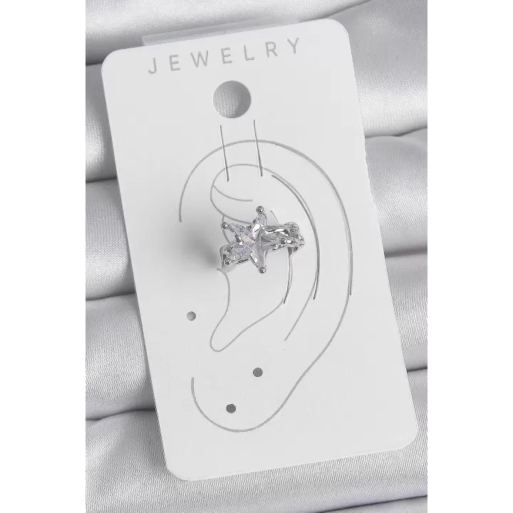 Pirinç Gümüş Renk Zirkon Taşlı Yıldız Model Kadın Kıkırdak Küpe