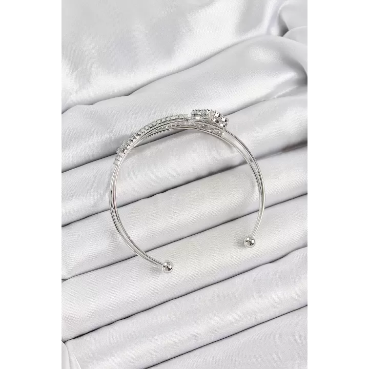 Pirinç Gümüş Renk Zirkon Taşlı Yonca Model 2li Kadın Bileklik
