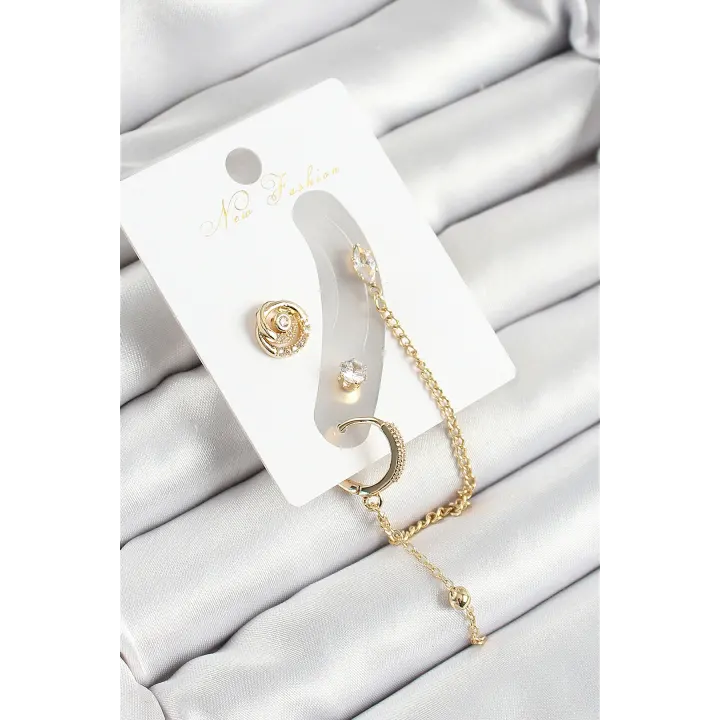 Pirinç Halka Figürlü Zirkon Taşlı Gold Renk 3lü Kıkırdak Kadın Küpe Set