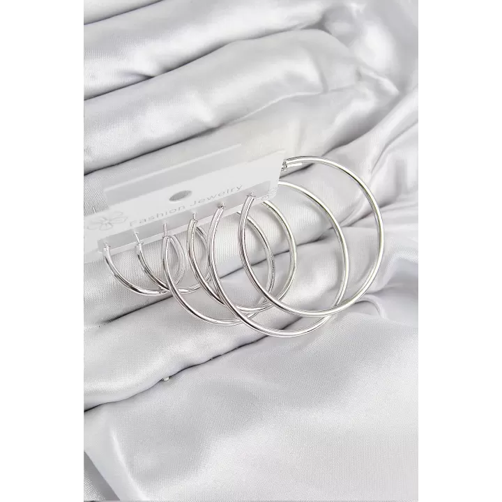 Pirinç Halka Model Gümüş Renk Kadın Set Küpe