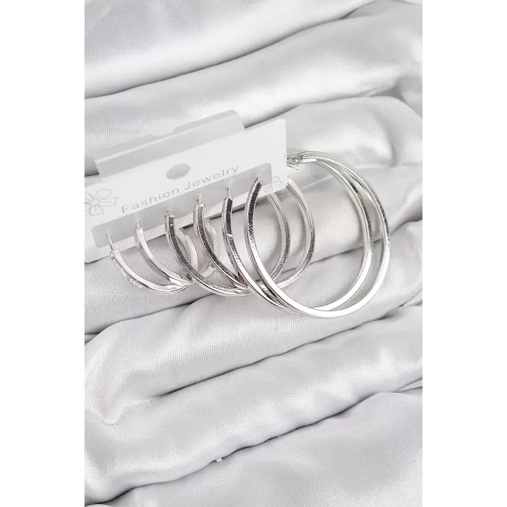 Pirinç Halka Model Gümüş Renk Kadın Set Küpe
