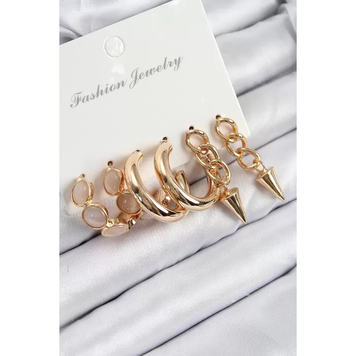 Pirinç Halka Ve Zincir Model Gold Renk Kadın Set Küpe