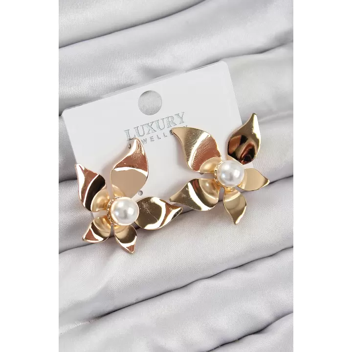 Pirinç İnci Detaylı Çiçek Model Gold Renk Kadın Küpe