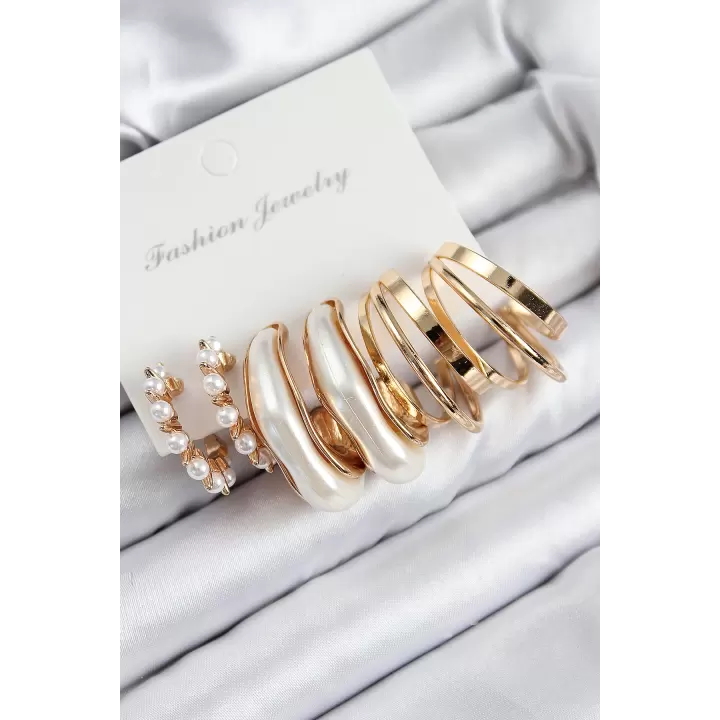 Pirinç İncili Halka Model Gold Renk Kadın Set Küpe