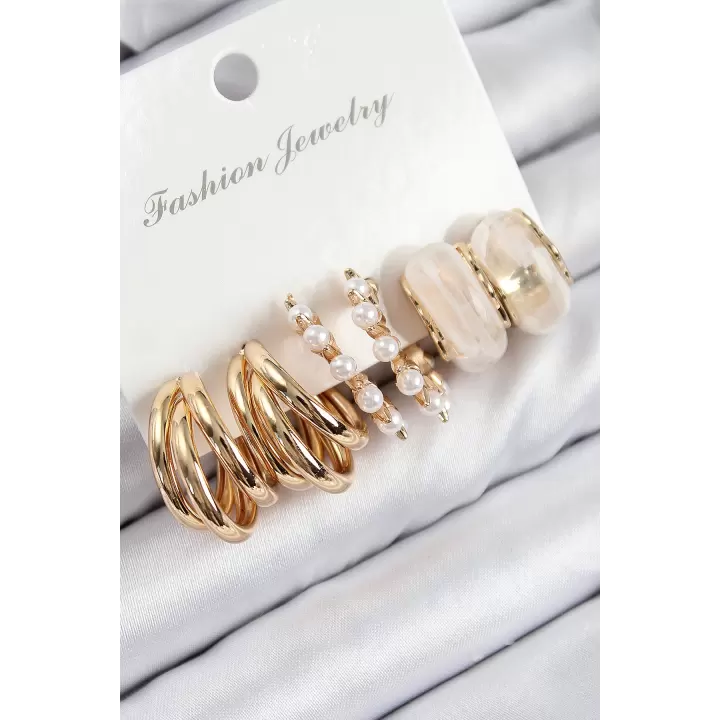 Pirinç İncili Halka Model Gold Renk Kadın Set Küpe