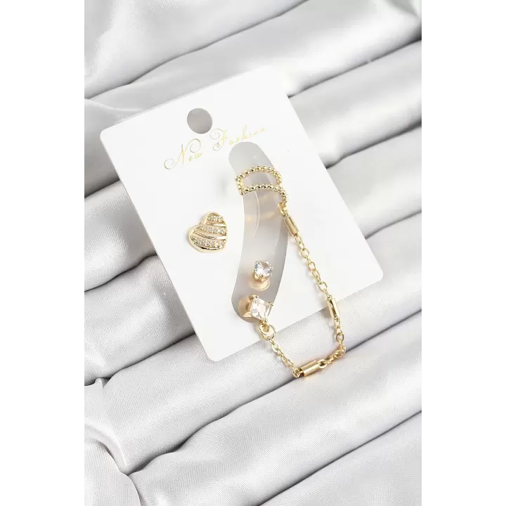 Pirinç Kalp Figürlü Zirkon Taşlı Gold Renk 3lü Kıkırdak Kadın Küpe Set