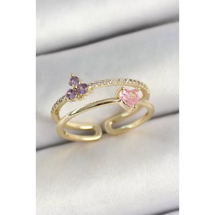 Pirinç Kalp Ve Çiçek Figürlü Zirkon Taşlı Gold Renk Ayarlanabilir Kadın Yüzük