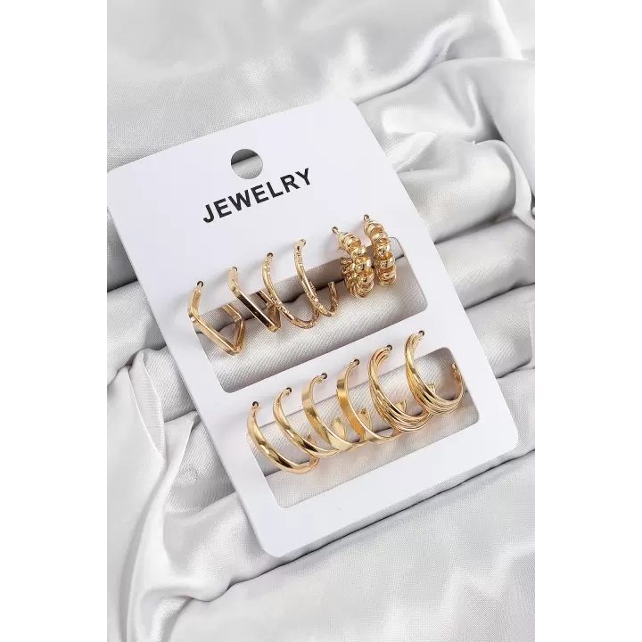 Pirinç Karışık Halka Model Gold Renk 6 Çift Kadın Küpe Set