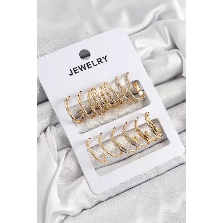 Pirinç Karışık Halka Model Gold Renk 6 Çift Kadın Küpe Set