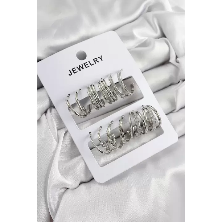 Pirinç Karışık Halka Model Gümüş Renk 6 Çift Kadın Küpe Set