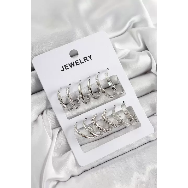 Pirinç Karışık Halka Model Gümüş Renk 6 Çift Kadın Küpe Set