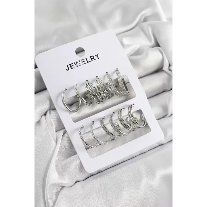 Pirinç Karışık Halka Model Gümüş Renk 6 Çift Kadın Küpe Set