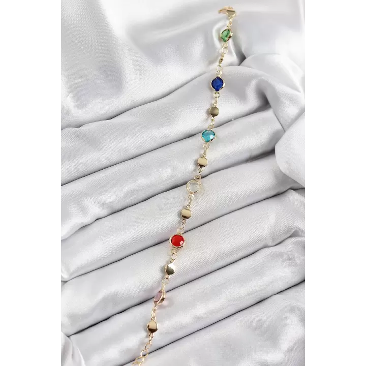 Pirinç Karışık Renk Zirkon Taşlı Gold Renk Kadın Bileklik