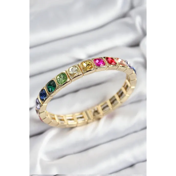 Pirinç Karışık Zirkon Taşlı Kare Model Gold Renk Lastikli Kadın Bileklik