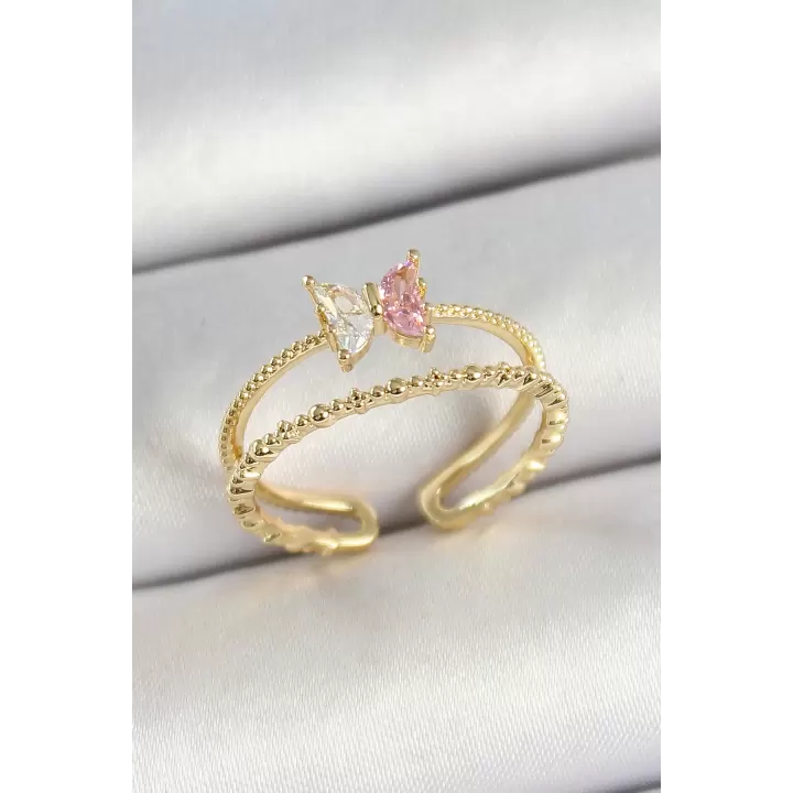 Pirinç Kelebek Figürlü Zirkon Taşlı Gold Renk Ayarlanabilir Kadın Yüzük