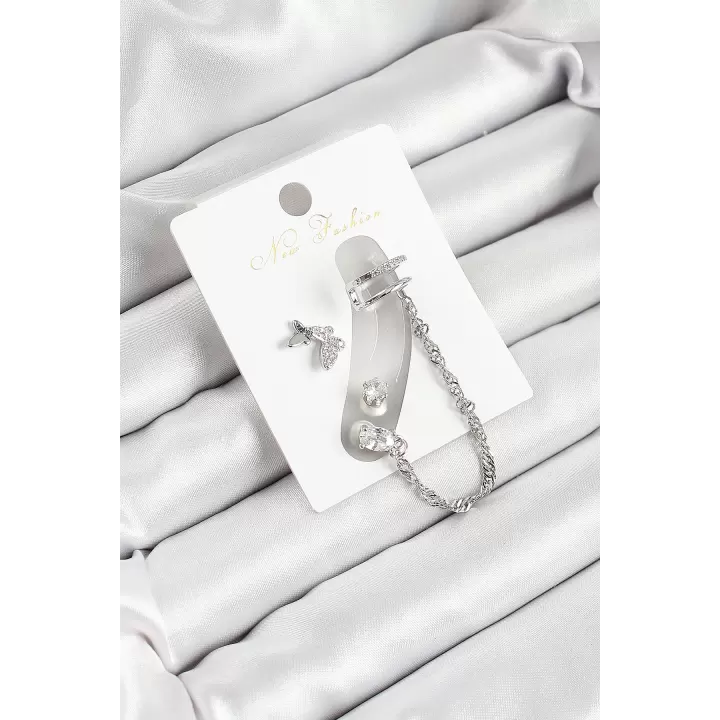 Pirinç Kelebek Figürlü Zirkon Taşlı Gümüş Renk 3lü Kıkırdak Kadın Küpe Set