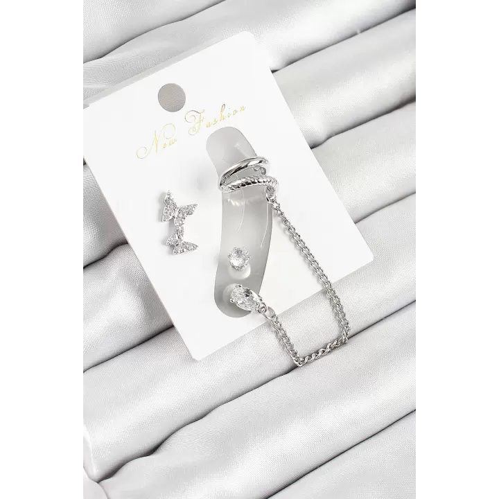 Pirinç Kelebek Figürlü Zirkon Taşlı Gümüş Renk 3lü Kıkırdak Kadın Küpe Set