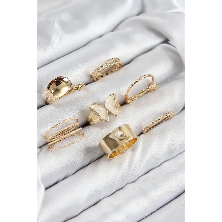 Pirinç Kelebek Model Gold Renk Kadın Yüzük Kombin Set