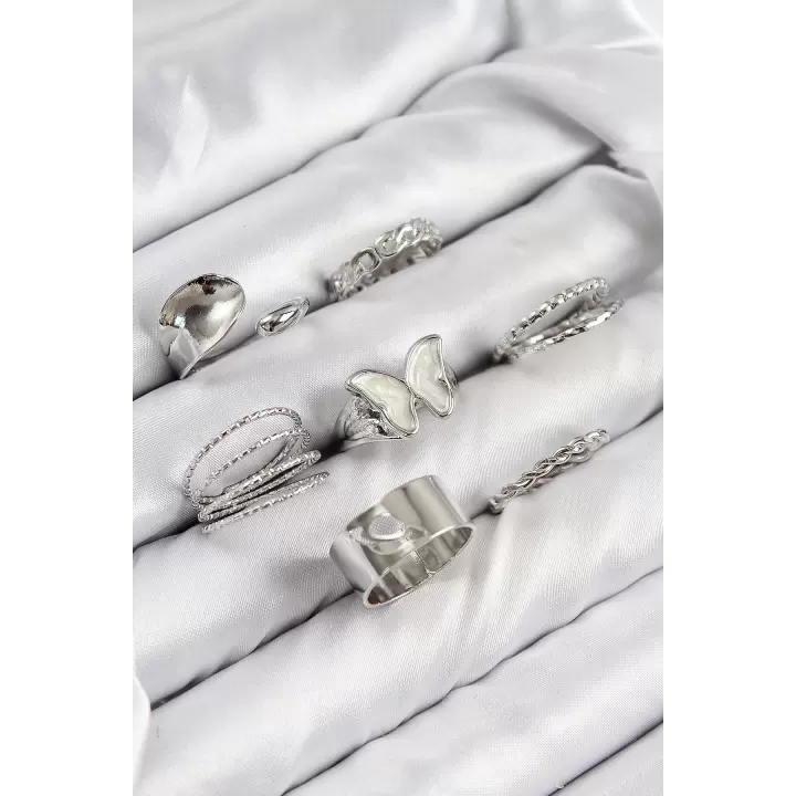 Pirinç Kelebek Model Gümüş Renk Kadın Yüzük Kombin Set