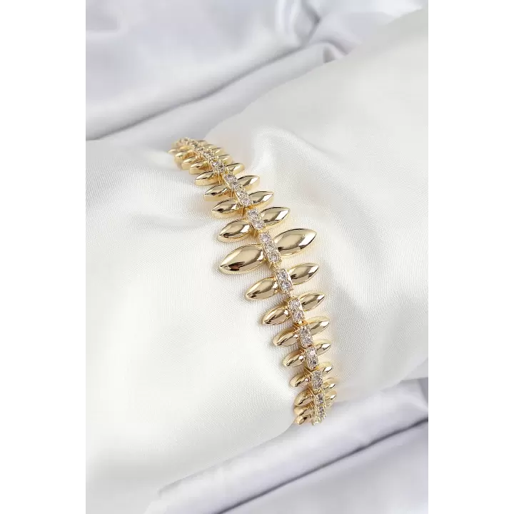 Pirinç Kurşun Model Zirkon Taşlı Gold Renk VİP Seri Kadın Bileklik