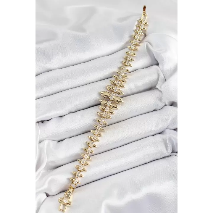 Pirinç Kurşun Model Zirkon Taşlı Gold Renk VİP Seri Kadın Bileklik
