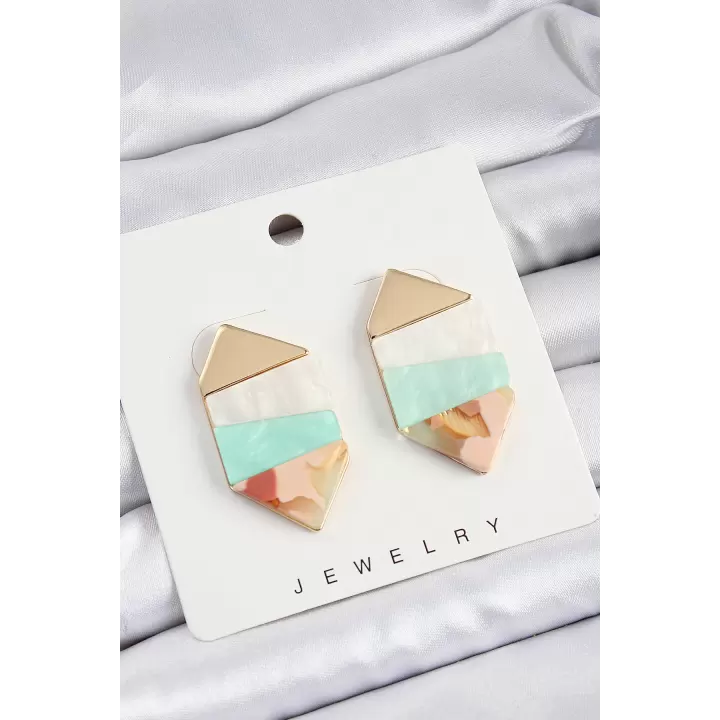 Pirinç Mermer Desenli Vintage Geometrik Model Gold Renk Kadın Küpe