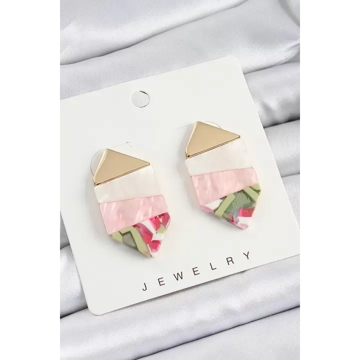 Pirinç Mermer Desenli Vintage Geometrik Model Gold Renk Kadın Küpe