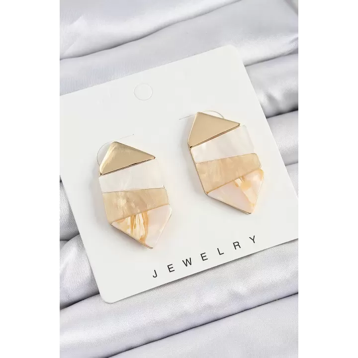 Pirinç Mermer Desenli Vintage Geometrik Model Gold Renk Kadın Küpe