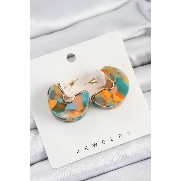 Pirinç Mermer Desenli Vintage Yarım Halka Model Gold Renk Kadın Küpe