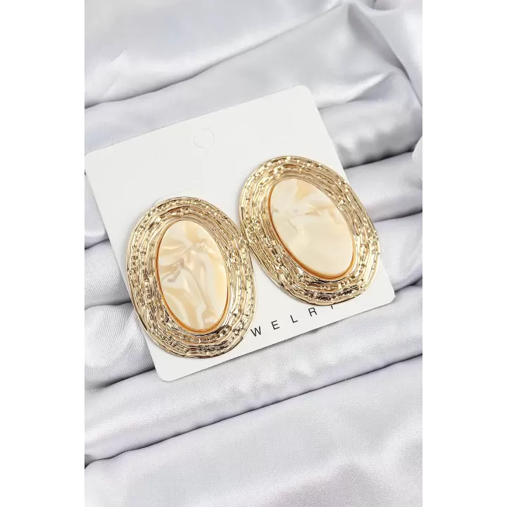 Pirinç Mermer Desenlli Bej Sedef Oval Vintage Model Gold Renk Kadın Küpe