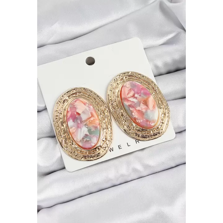 Pirinç Mermer Desenlli Pembe Sedef Oval Vintage Model Gold Renk Kadın Küpe