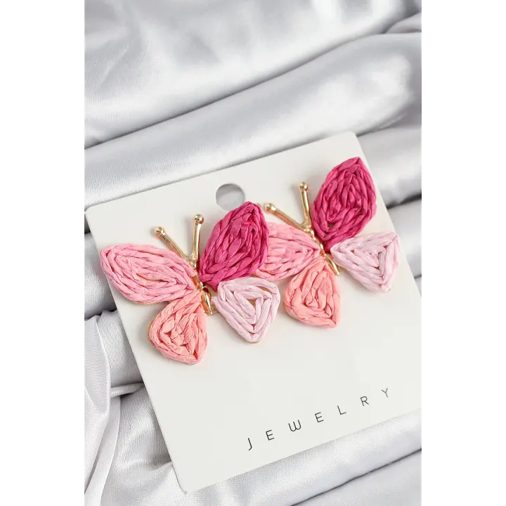 Pirinç Pembe Kelebek Model Gold Renk Kadın Hasır Küpe
