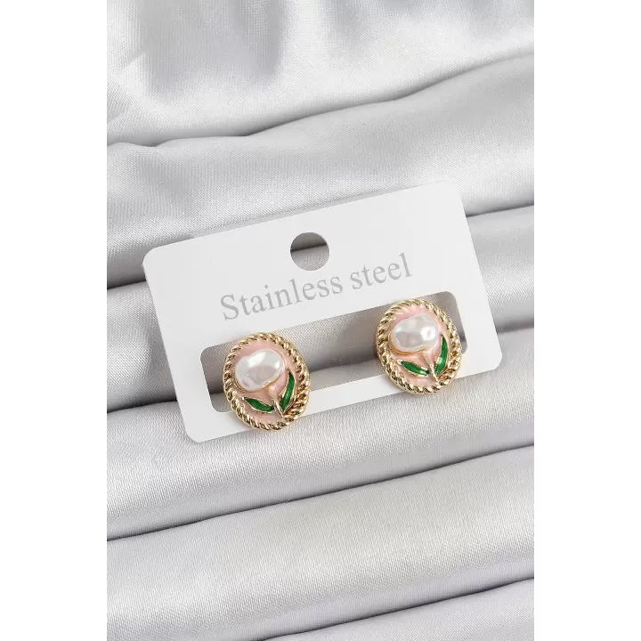 Pirinç Pembe Mineli Lale Figürlü Sanatsal Portre Model Gold Renk Kadın Küpe
